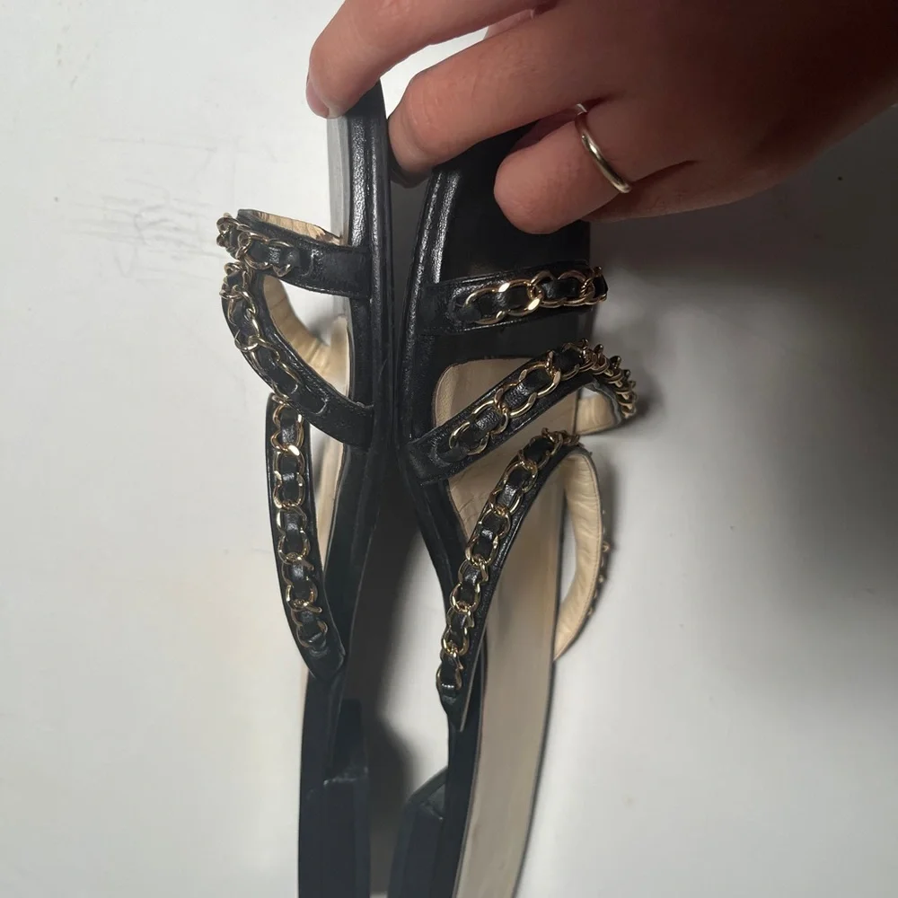 CHANEL Black and Gold Chain Sandals